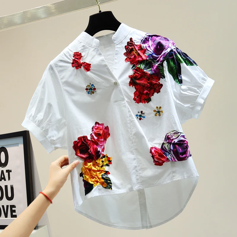 Heavy Industry Diamond Striped Pullover Shirt Woman 2020 Summer Korean Style Loose Three-dimensional Patch Shirt Ladies Blouses Heavy Industry Diamond Striped Pullover Shirt Woman 2020 Summer Korean Style Loose Three-dimensional Patch Shirt Ladies Blouses