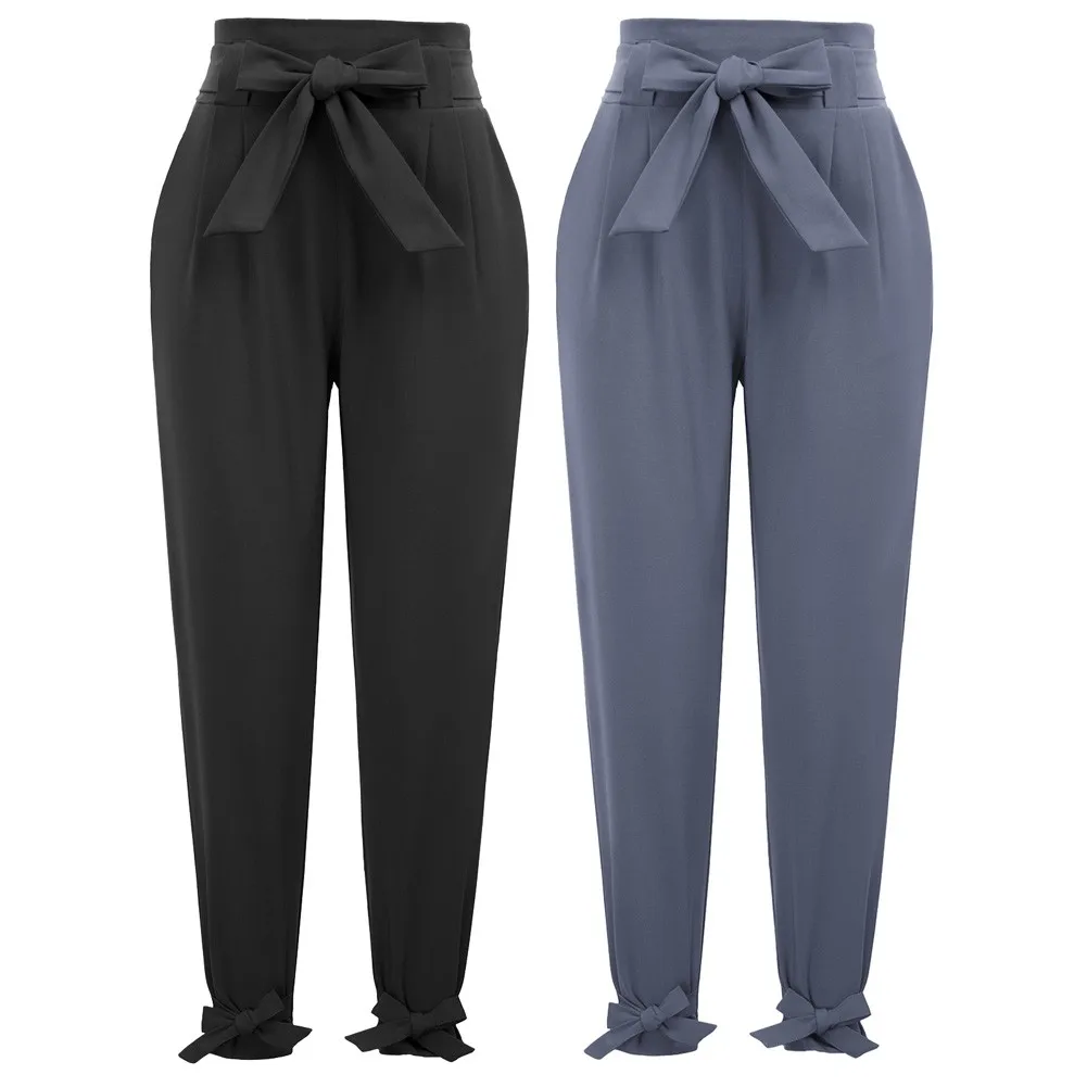 GK Women High Waist Capri Pants With Bow-Knot 2pcs-Pack Casual Cropped Pants Office Lady Temperament Casual Comfort Trousers