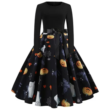 

Halloween Zipper With Belt Large Swing Fashion A Line Long Sleeve Party Round Neck Women Dress Festival High Waist Pumpkin