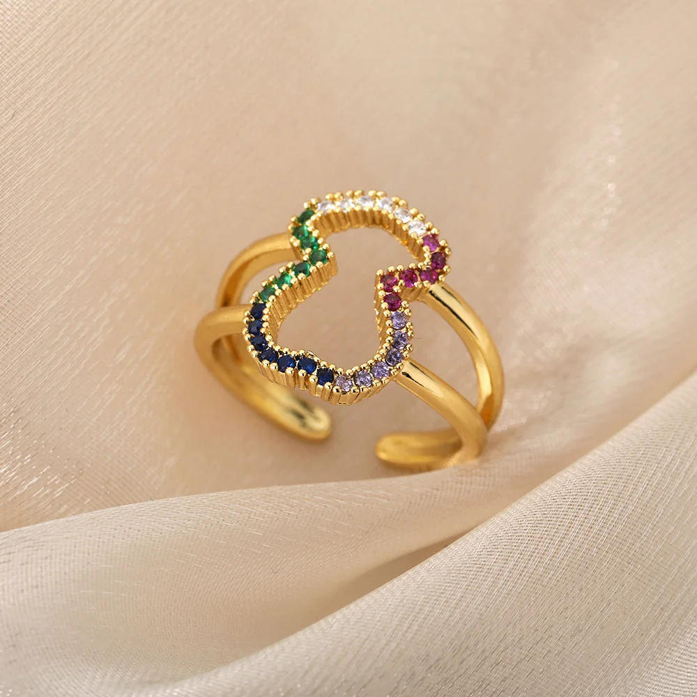 Gold Plated Stainless Steel Adjustable Statement Ring With Colorful Geometric Zircons Design