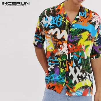 

INCERUN 2020 Summer Men Printed Shirts Short Sleeve Loose Lapel Shirt Casual Breathable Camisa Men Holiday Hawaiian Shirts S-3XL