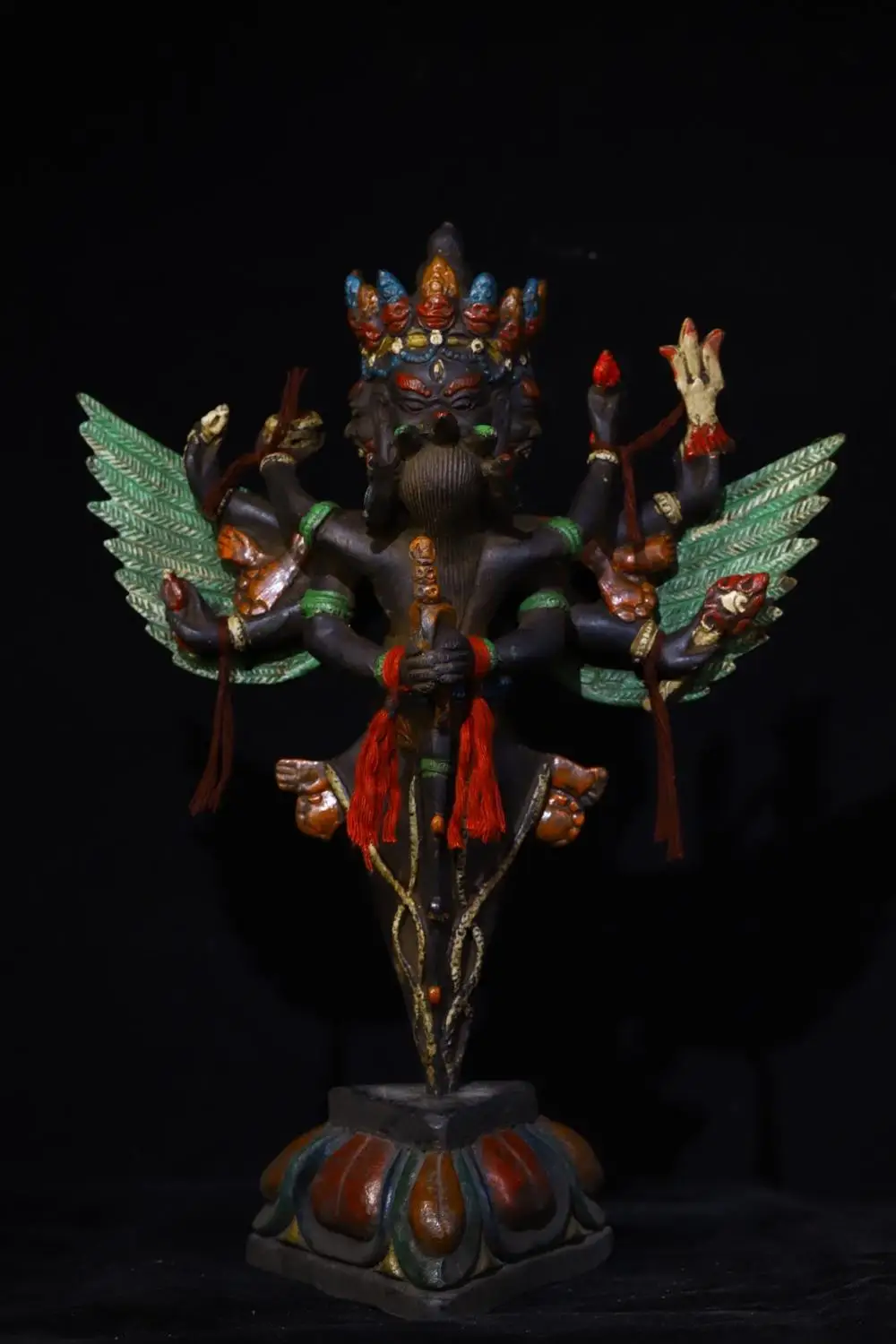 

Home Decor 14" Tibet Buddhism Temple Old Bronze Tracing Happy Buddha Statue and Dharma Tools Dorje Vajra Phurba Dagger Holder