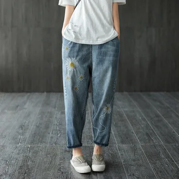 

Fashion Drawing Cotton Denim Flower Embroidery Harem Pants Loose Vintage Elastic Waist Women's Jeans Light Blue Color