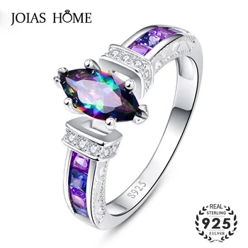 

JoiasHome Genuine Rainbow Fire Mystic Oval Topaz Rings with 10*5mm gemstones Solid 925 Sterling Silver Ring Vintage Jewelry