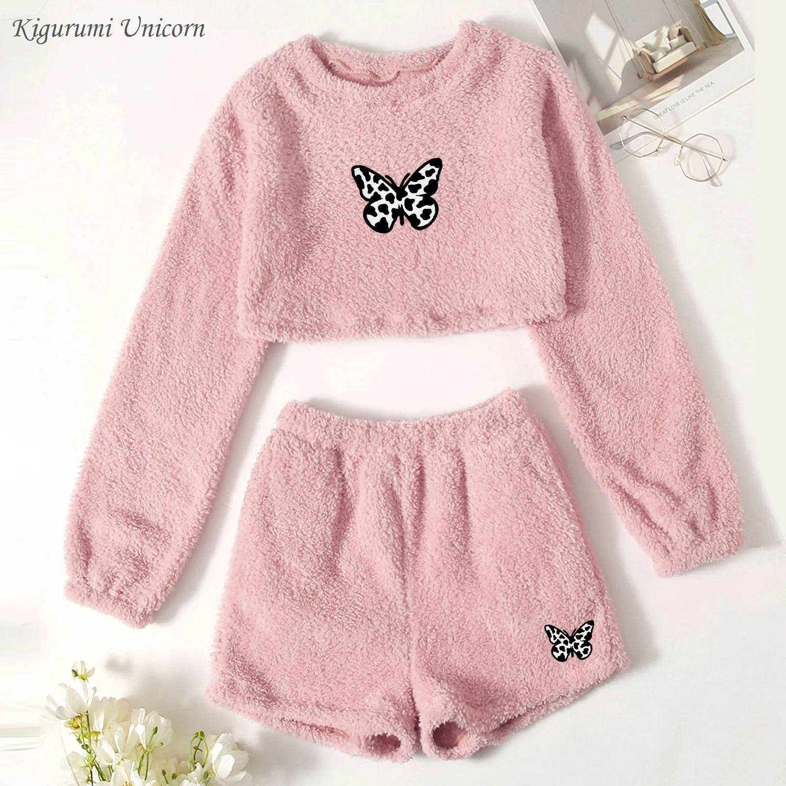 Пижамный комплект с принтом бабочки Осенний Теплый Мягкий Розовый пуловер