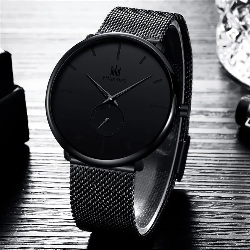 

SHAARMS Black Men Analog Watch Minimalism Dial Mesh Band Stainless Steel Quartz Luxury Watch Fashion Business Watches Hombre