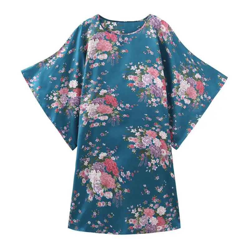 С цветочным принтом черный атлас Женская домашняя одежда ночная рубашка повседневные пижамы большого размера кимоно платье женская домашняя одежда Неглиже - Цвет: Blue B
