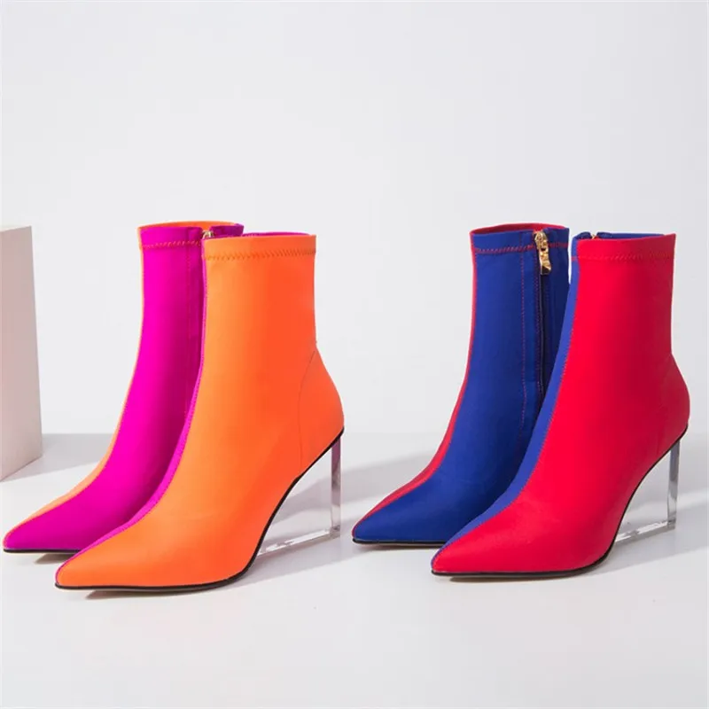 Prova Perfetto/женские ботильоны ярких цветов; эластичные ботинки; женская обувь на прозрачном каблуке; женские свадебные туфли-лодочки для вечеринки; базовые женские ботинки