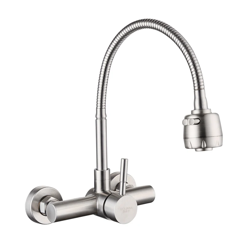 Kitchen Faucet Sink-Tap Wall-Mounted Mixers Stainless-Steel Flexible Double Swivel 360-Degree