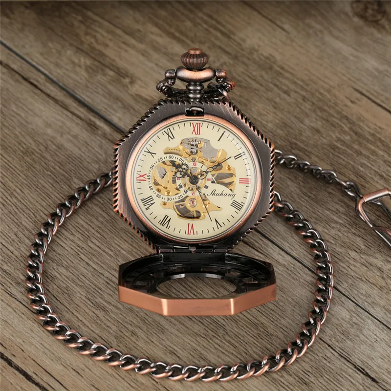 Vintage Red Copper Octagon Design Clock Skeleton Handwinding Mechanical Pocket Watch for Men Women Roman Number Half Huner Chain