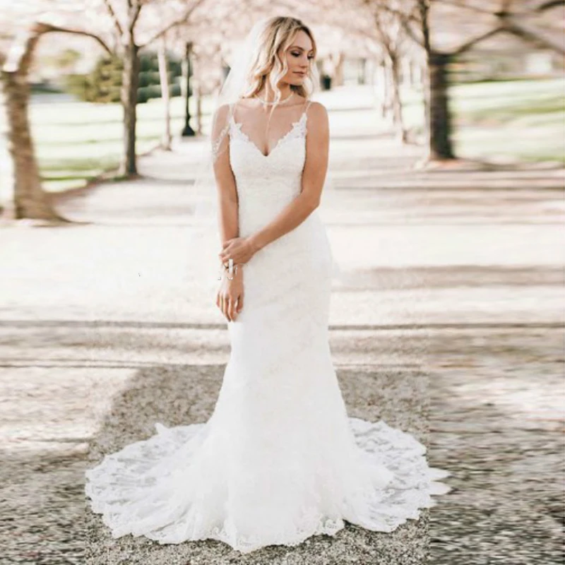 

Eightale Boho Mermaid Wedding Dresses Sexy V-Neck Spaghetti Straps Lace Applique Custom Made Country Beach Wedding Bridal Gowns