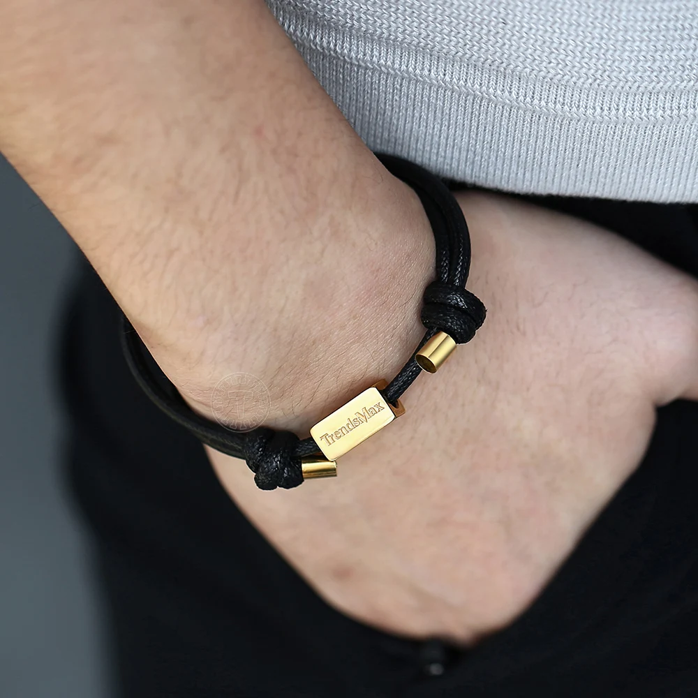 Trendsmax, регулируемый кожаный браслет для мужчин и женщин, настраиваемый гравировальный браслет из нержавеющей стали, повседневный персонализированный браслет TBL009
