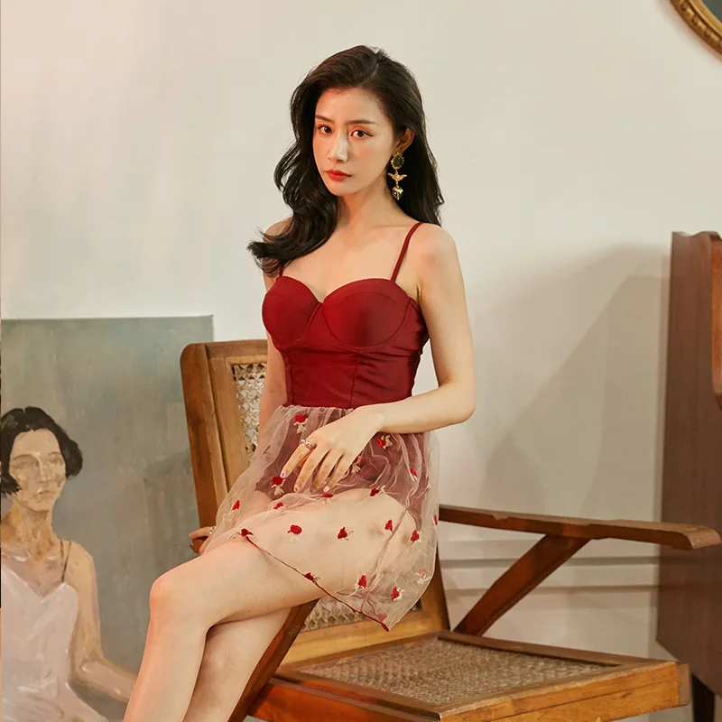 

Female Fused Women's One-Piece Swimsuit Sexy One Piece Swim Suits 2020 Trendy Vintage Wine Red Rose Fairy Fan Xianliang Girl
