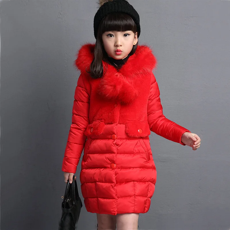 Зимняя хлопковая Детская куртка зимнее пальто для девочек детский теплый длинный Детский пуховик с капюшоном и меховым воротником для детей от 4 до 11 лет - Цвет: Red