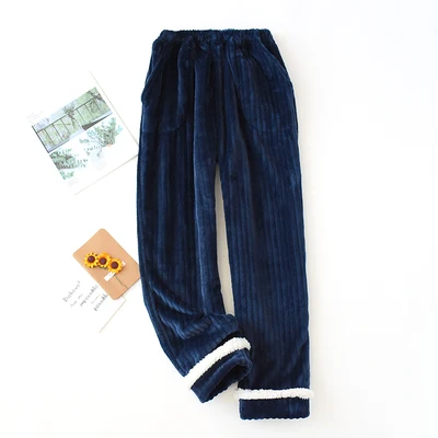 single pant navyblue Теплые; больших размеров из бархата утепленные, фланелевые пижамы набор Для женщин осень-зима пэтчворк кашемировый коралловый флис домашний костюм из 2 предметов, Пижама - Цвет: single pant navyblue