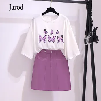 

Hot Sale butterfly print Suits 2020 Summer Two piece white Loose T shirt and High waist purple Bodycon Mini Skirt Sets Women
