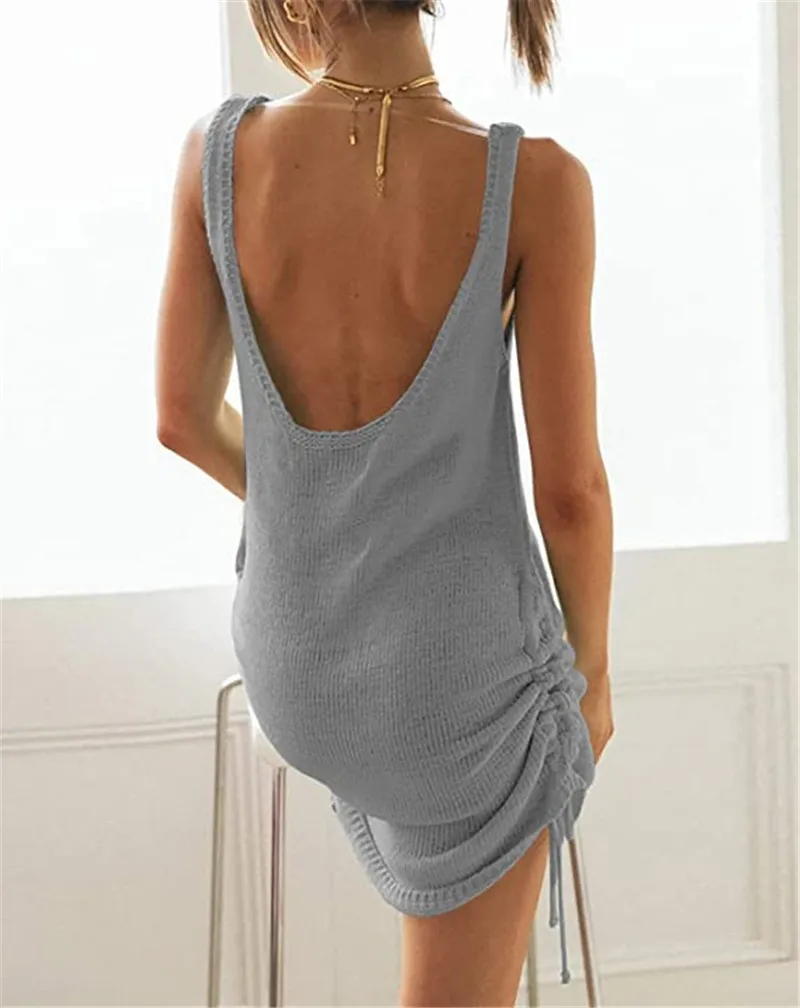 Beach Robe Cover Up Sexy Backless Drawstring Women Dress Summer Crochet Swimwear Bikini Cover Up Kaftan Candy Color Beach Cover-Up Strap Short Dress beach maxi dress with sleeves