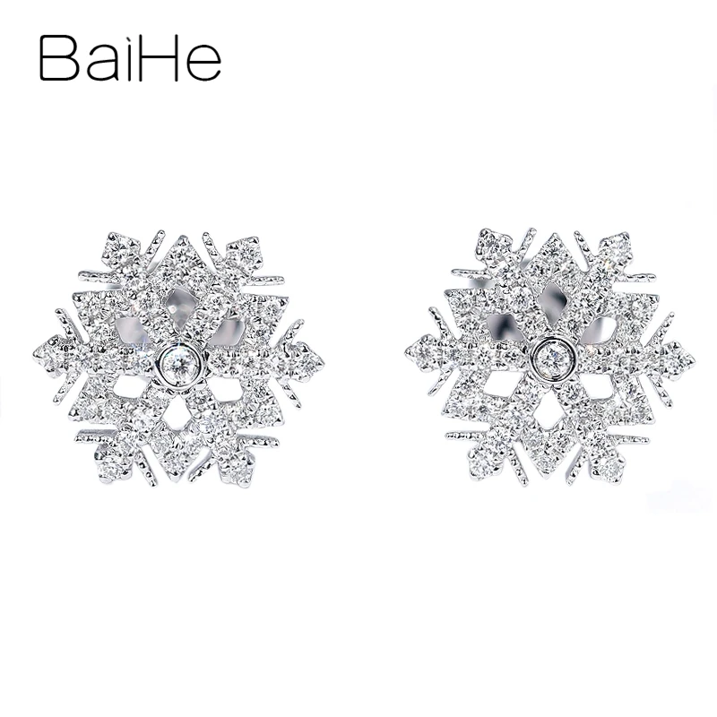 

BAIHE Solid 14K White Gold H/SI Natural Diamond Snowflake Stud Earrings Women Trendy Wedding Fine Jewelry pendientes mujer