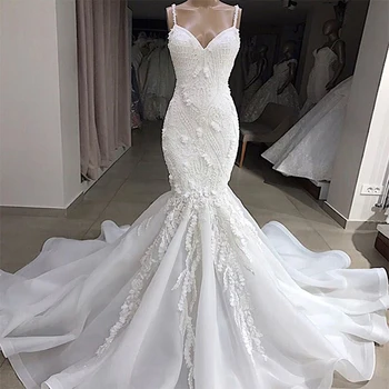 

New Collection Fully Beading Spaghetti Straps Court Train Mermaid Wedding Dresses