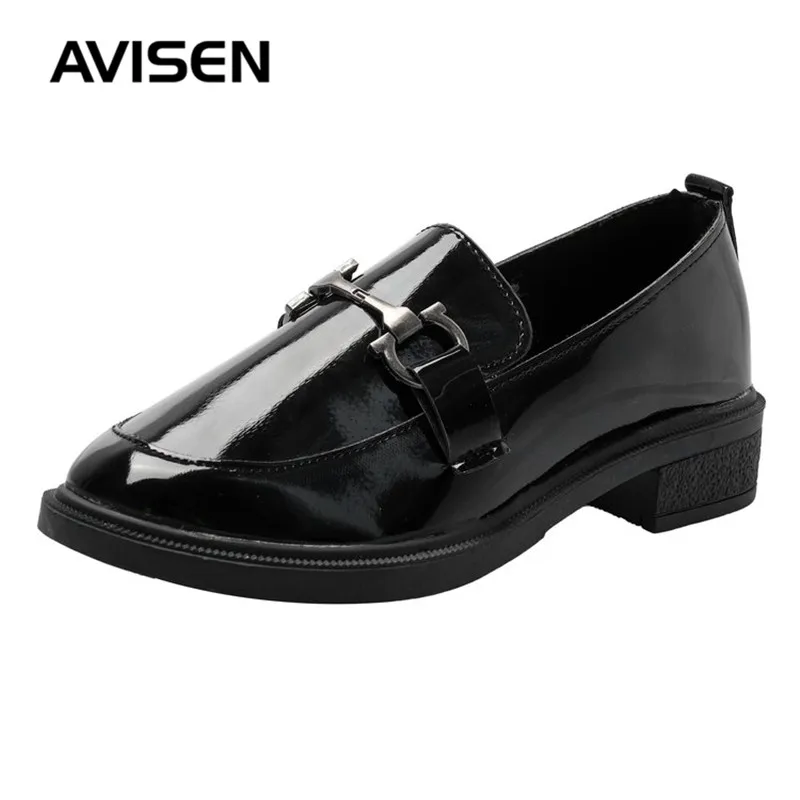 

2019 Spring Leather Shoes Women Bright Black Color Fashion Low-Heel Flat Shoes Female British Style Slip-On Loafers Shoes