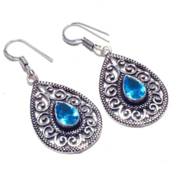 

Blue Topaz Silver Overlay on Copper Earrings Hand made Women Jewelry Gift