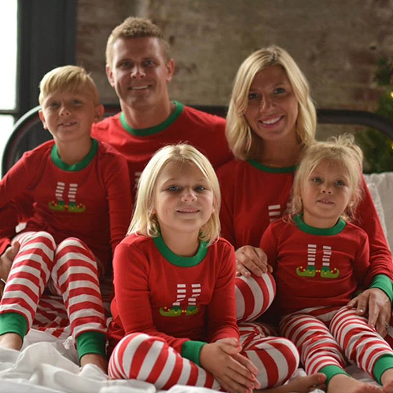 

Matching Christmas PJS Fashion Round Neck Prints Family Pajama Sets Mother/Father /Kid /Baby Red Striped Christmas Clothes