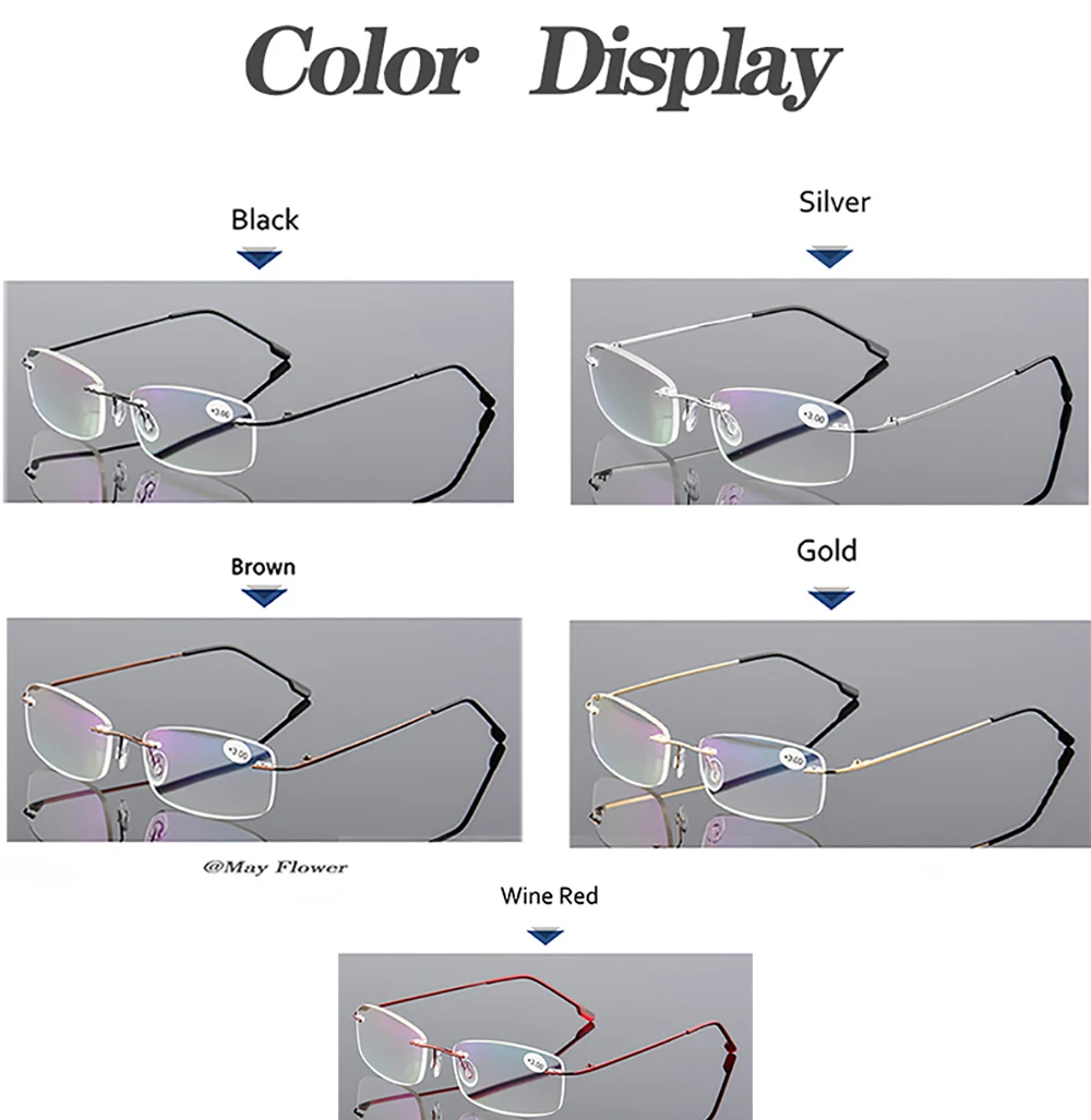 Randlose Lesebrille aus Titanlegierung, ultraleicht, quadratisch, flexibel, Presbyopie-Brille, Anti-Blau-Brille, Unisex – Detail 3