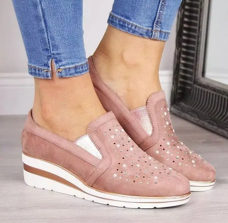 

Factory Goods Pass 2019 Autumn New Style Hollow out Man-made Diamond Slanted Heel Extra High Mesh Casual Board Shoes 35-43
