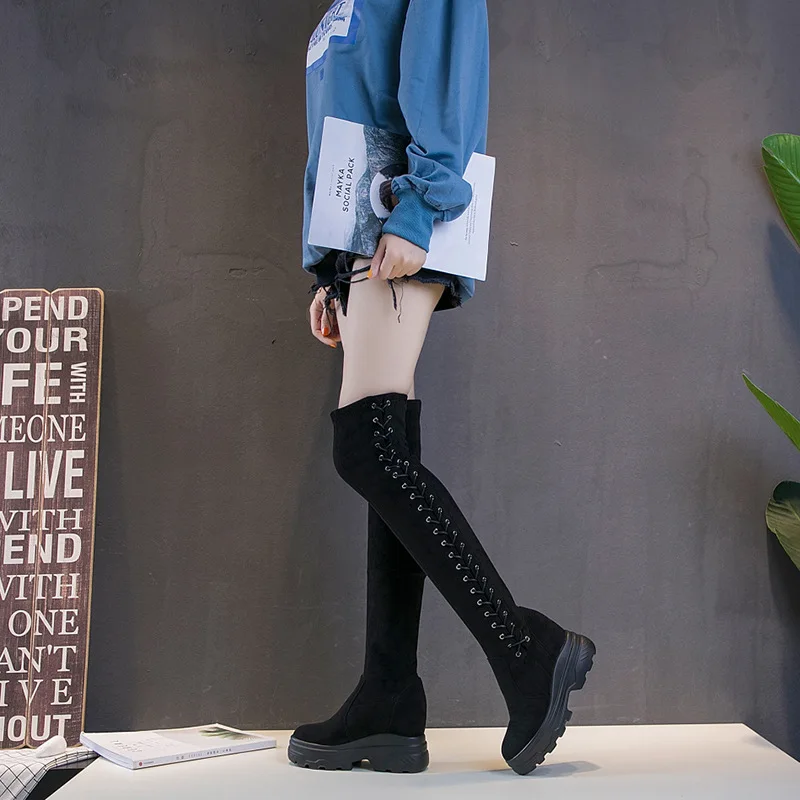 

2019 Autumn And Winter New Products Thick Bottomed over-the-Knee Elasticity Boots Women's Korean-style Side Lace-up Casual Eleva