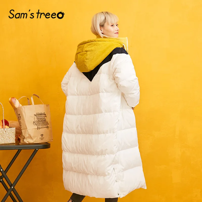 SAM'S TREE White Solid Patchwork Straight Hoodies Warmness Down Coat Women Winter Drawstring Split Oversive Female Outwears