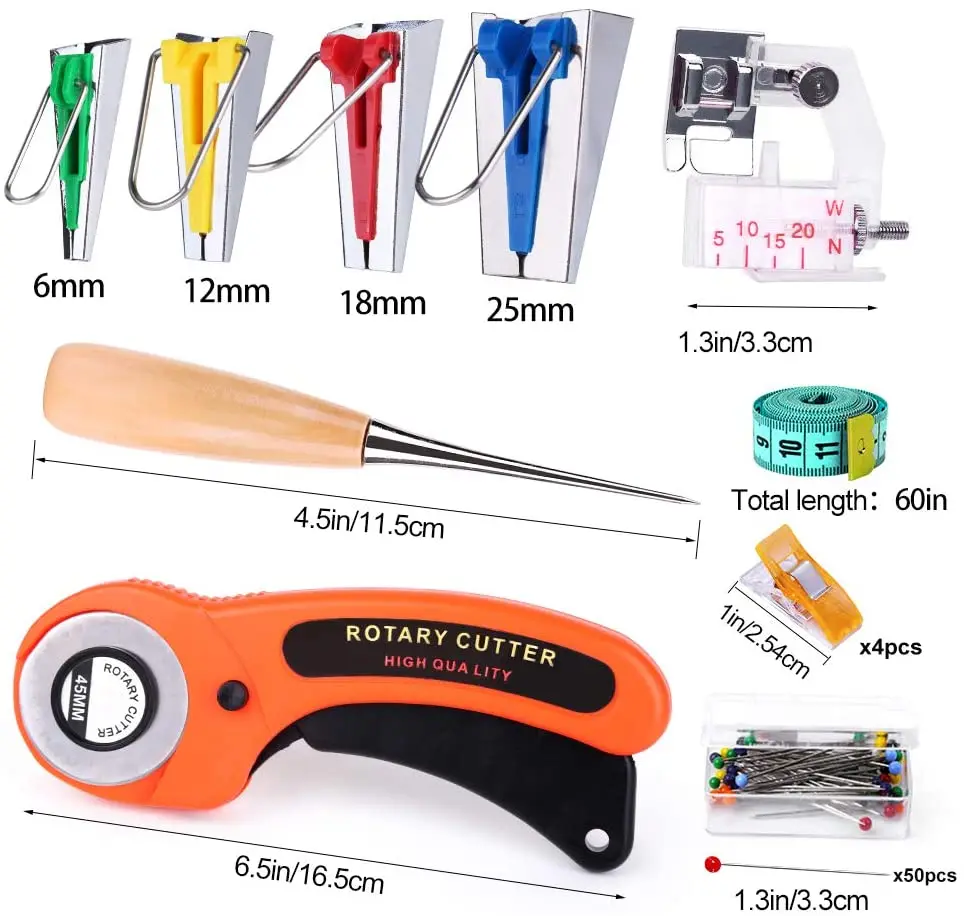 MIUSIE Fabric Bias Tape Makers Kit with Rotary Cutter, Sewing Clips, Sewing Machine Presser Foot, Rotary Cutter for Fabric-1
