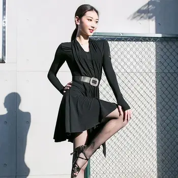 

Women Long Sleeve Slim Ballroom Dancing Practice Wear Black Latin Dance Dress Tango Salsa Samba Rumba Performance Costume