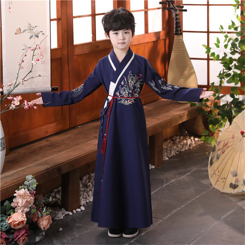 

Chinese Style Young Clothes Boys Ancient Suit Navy Blue Embroidery Clothes New Hanfu Boys Children Ancient Costumes