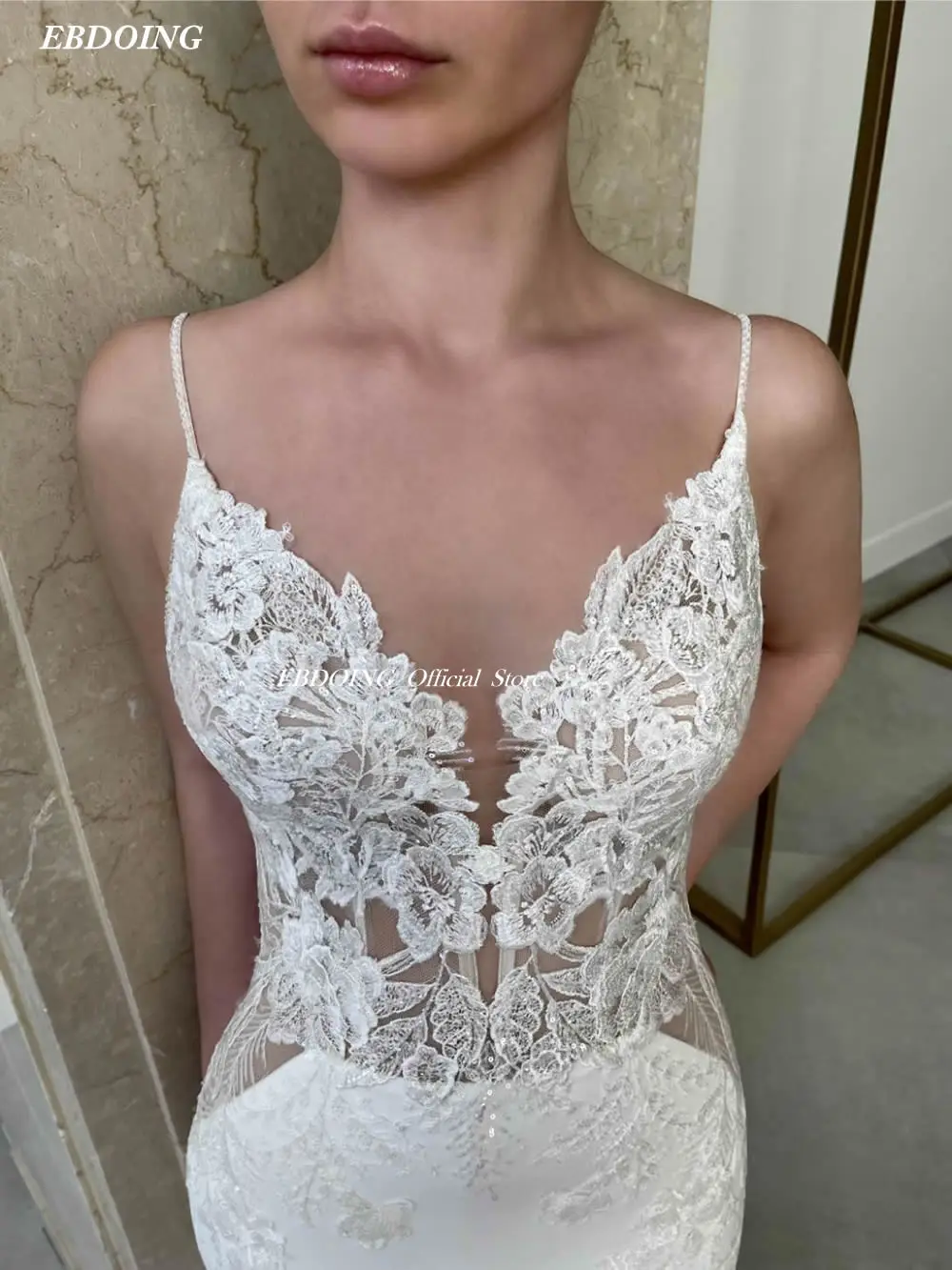EBDOING Newest Wedding Dress Mermaid Lace Deep V-Neck Neckline With Long Open-Back Sleeveless Bride Dress 2022 Vestidos De Novia