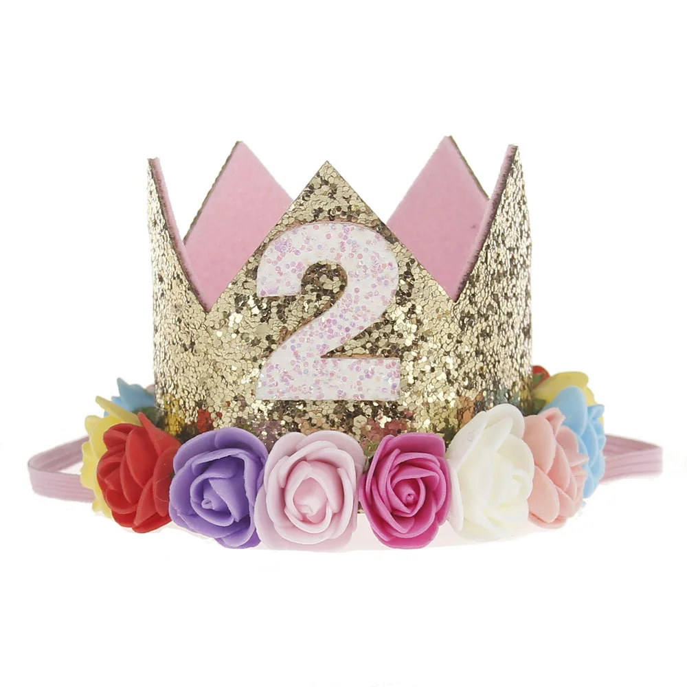 Вечерние Шапки декоративная крышка на возраст 1, 2, 3, шапки ко дню рождения с цветочным рисунком Милые шляпки короны для детей ободок для дня рождения 1 год на день рождения украшения - Цвет: 02 years old B