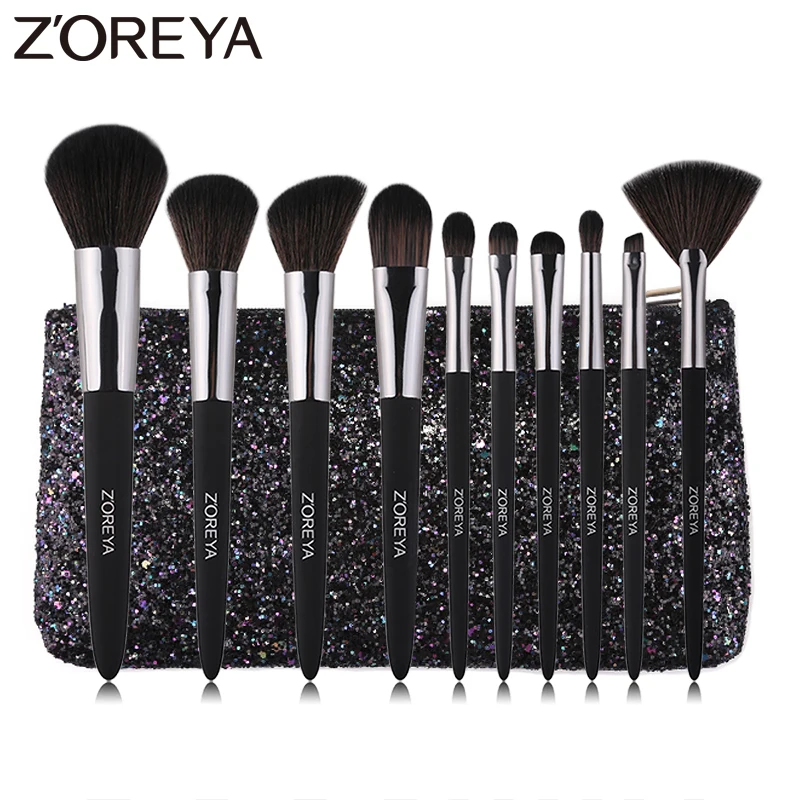

ZOREYA 10Pcs Rubber Paint Makeup Brushes High Quality Synthetic Hair Make Up Brush Set Foundation Eye Shadow Beauty Tool Kits