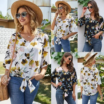 

2020 New Women's V-neck Knotted Loose Top Flare Sleeve Printed Chiffon Shirt