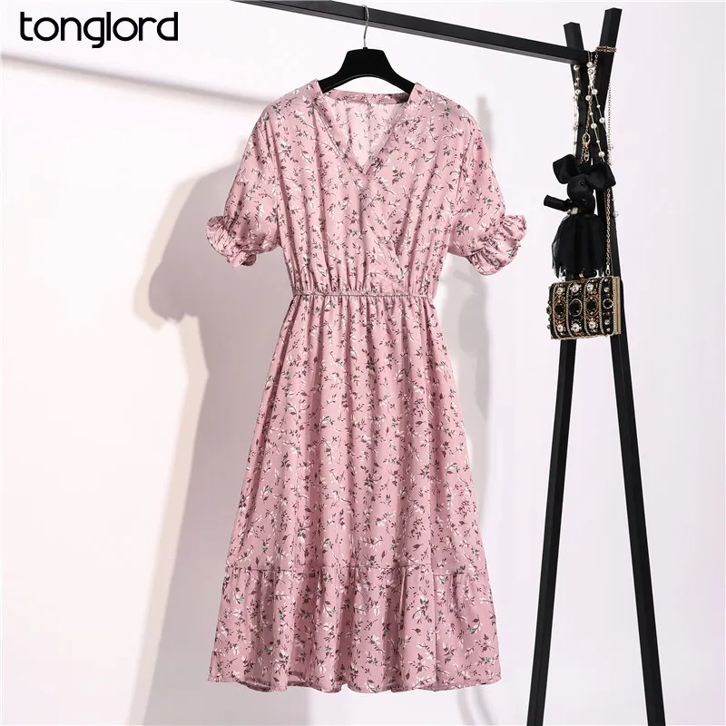 Tonglord Women Chiffon Dress 2020 New Summer  Female Short Sleeve Vintage Printed Floral Casual Dresses V-neck A-line Vestidos