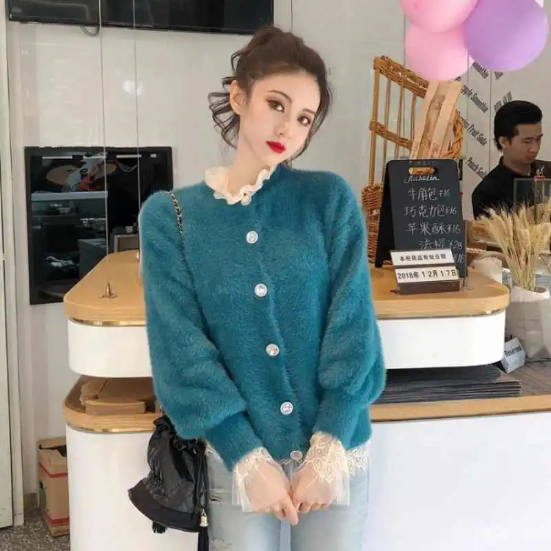 WHITNEY WANG Autumn Winter Fashion Streetwear Diamonds Buttons Mohair Cardigan Women Sweater Jumper sueter mujer invierno