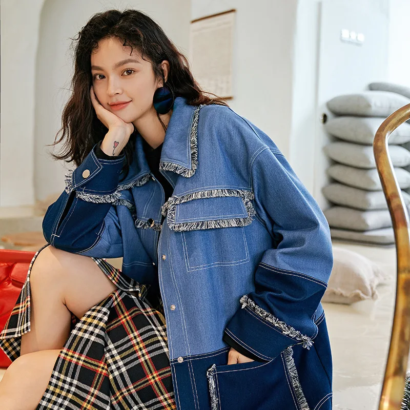 

[EWQ]Long Sleeve Panelled Splicing Blue Fringed Woolen Denim Jacket 2019 Autumn New Large Size Vintage Coat Feminino QK520