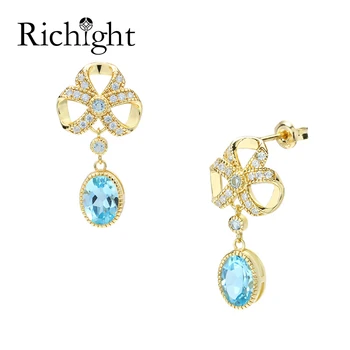 

Elegant Bowknot Ear Stud Wedding Bridal Earrings Gem Natural Sky Blue Topaz Charm Earring Birthstone Vermeil Gold Light Jewelry