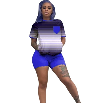 

Women Two Pieces Sets Summer Tracksuits O-Neck Striped Print Tops+Jogger Shorts Leggings Sexy Suit