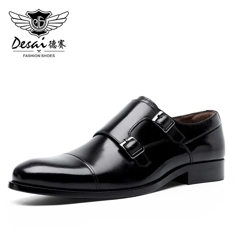 DESAI/Мужские модельные туфли из натуральной кожи ручной работы; высокое качество; итальянский дизайн; цвет коричневый, синий; ручная полированная Свадебная обувь с острым носком - Цвет: Black