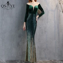 

GreenVelvet Evening Dress Mermaid Prom Gown Long Sleeves Velvet Party Dress Elegant Fade Sequin Formal Dress Fit Scoop Neck Gown