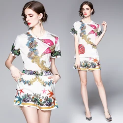 Conjuntos de 2 piezas para mujer, camiseta informal de cuello redondo Regular, pantalones cortos ajustados con bolsillos, estampado recto, cintura alta, verano 2021