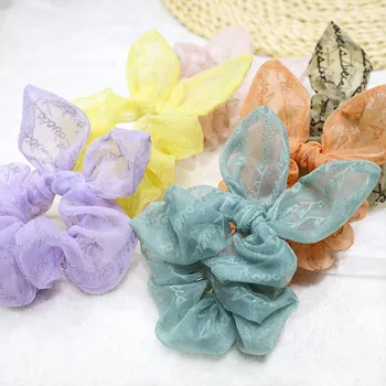 

6pcs/lot Chiffon Yarn Letter Printing Bunny Ear Elastic Hair Band for Girls 2020 Summer New Solid Color Rabbit Ear Hair Tie