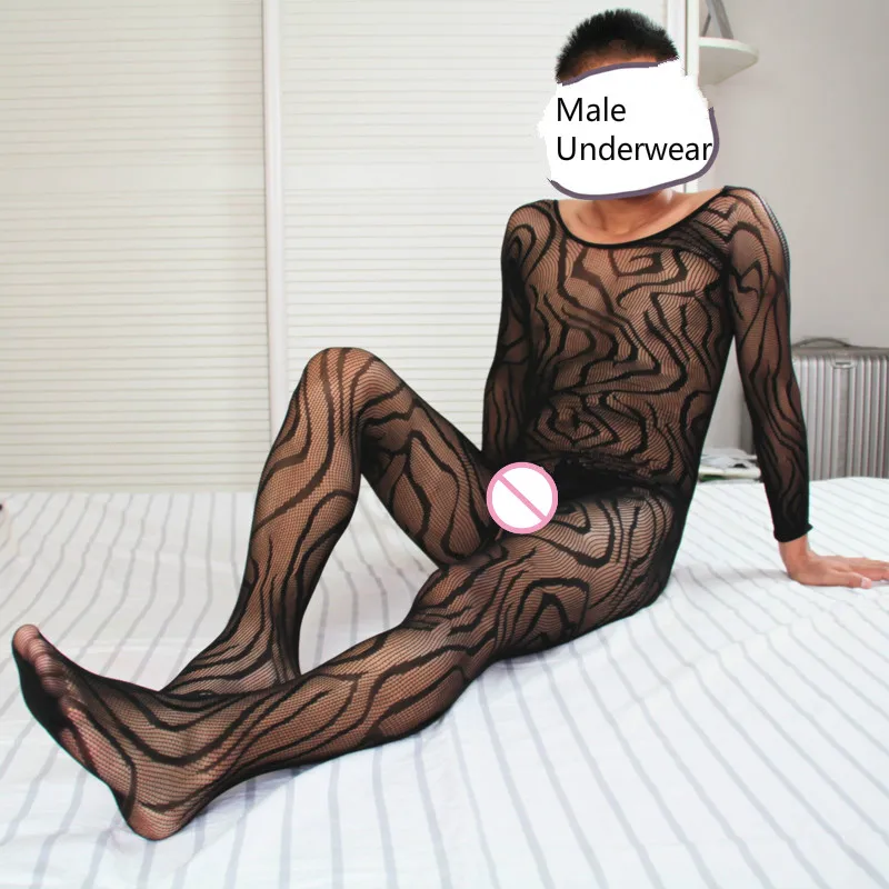 High-stretch Pantyhose Men's Underwear Fishnet Bodystockings Sexy Open Crotch Nightgown Long Sleeve Fetish Lingerie