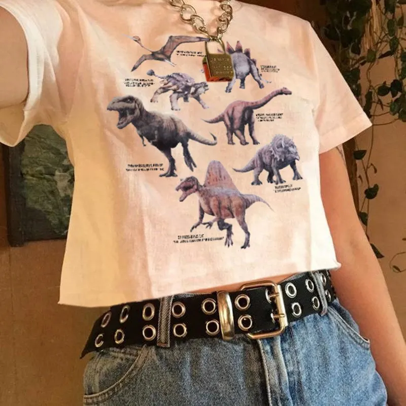 

2019 Streetwear Women White Cartoon Tees Dinosaur Print Crop Tops