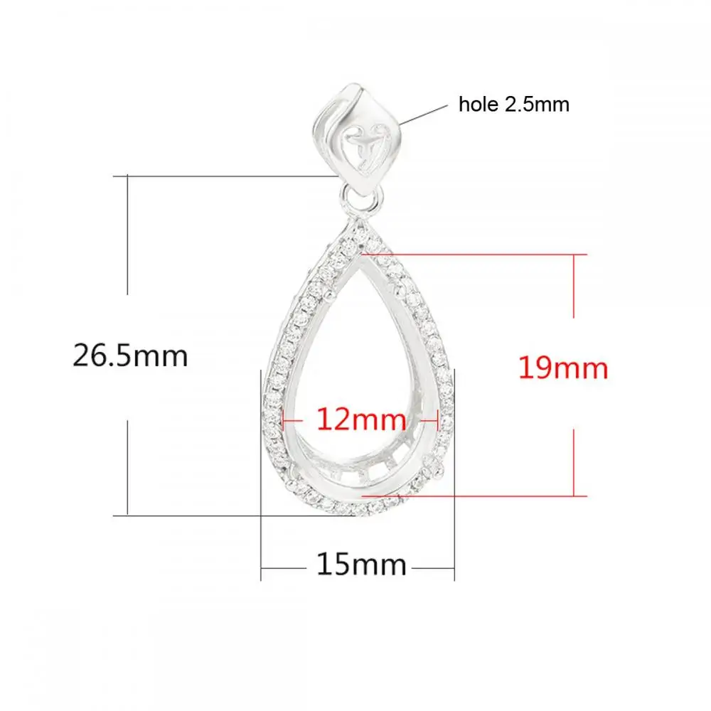 925 Sterling Silver Zircon Pave Pendant Base Teardrop Cabochon Pendant Setting for 12X19mm Gemstone Women's DIY Jewelry Finding