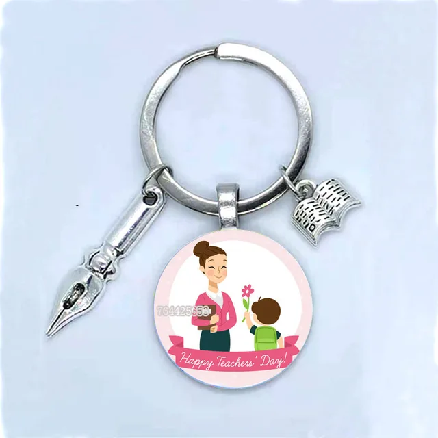 Fashion New Dear Teacher Round Glass Keychain Handmade DIY Book Pen Decoration Pendant Keychain Teacher'S Day Gift Souvenir 12